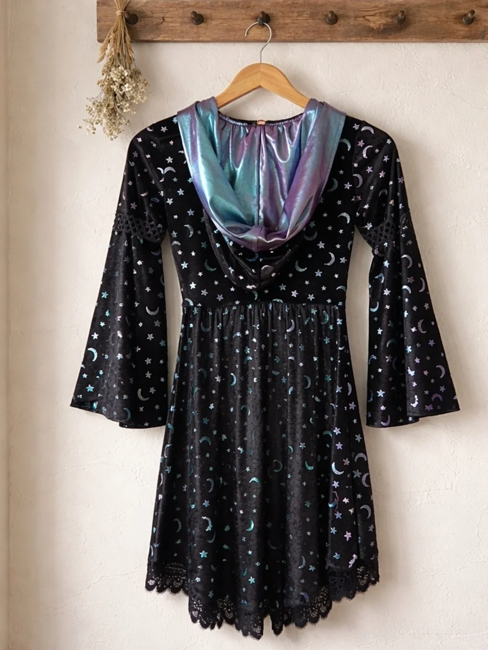Spirit Black Velvet Moon & Stars Hooded Witch Dress Costume - Picture 2 of 8